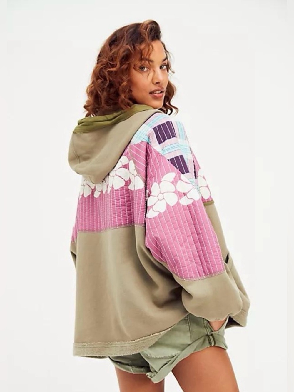 We The Free Patchwork Hoodie - Pink, Green, and Tan